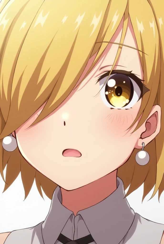 Blonde girl with honey-colored eyes and pearl earrings, short hair covering her left eye and white skin, pink lips boku no hero my hero academia