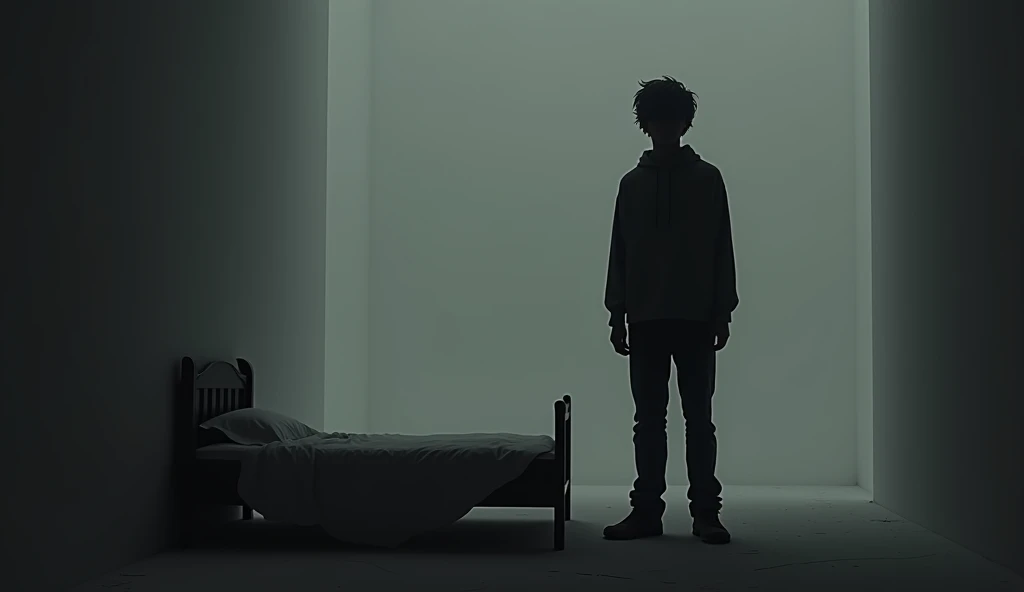 Black shadow of a young man standing on a small bed near the wall