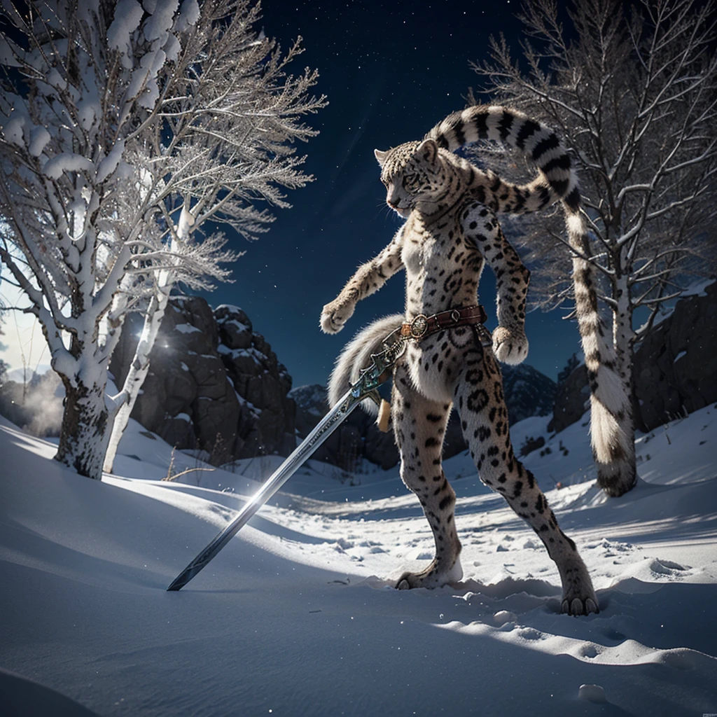 Create a legendary pokemon in the form of a quadruped snow leopard with a sword between its teeth and the patches on its fur that shine