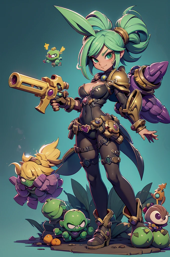 Rayman Legends style tree, character estilo art rayman legends, girl, fully body, STYLE mercenary with futuristic doom style weapons, Giant Accessories,Giant Monster, big breats,Little bunny,big breast, sensuality, elfo, mascot next door,doom style weapons,((doom armor))