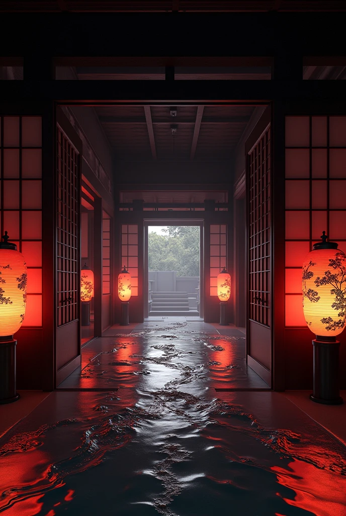 The spacious, enclosed room has a corridor with a veranda and sliding doors on both sides, and a lantern that shines like a river of water. The overall atmosphere is black and red, and the Japanese-style lanterns and sliding doors are beautifully decorated.