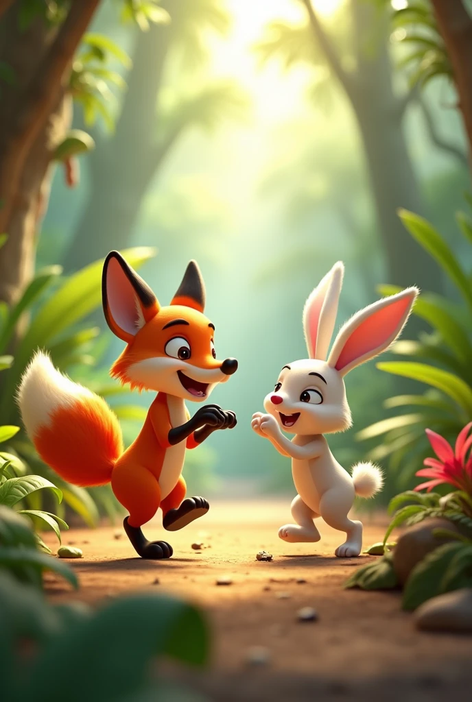 In 3D animation style The fox and rabbit playing together in the jungle.