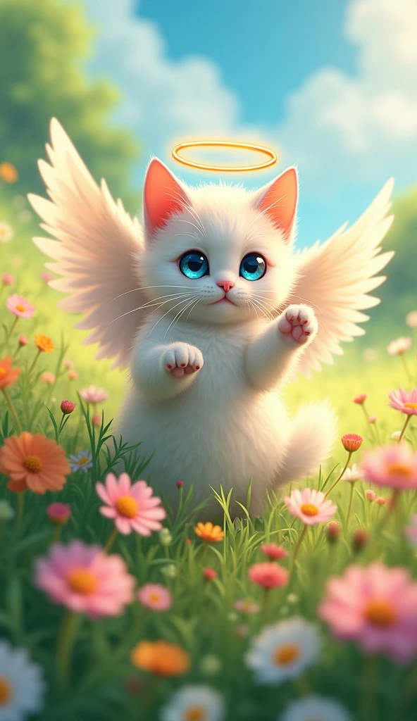 Close-up of a cat playing in a flower field,blue eyes, Angel Halo, High resolution, Illustration of movement, Background blur, Reality, Soft Light, Character Design, Anime Style, 