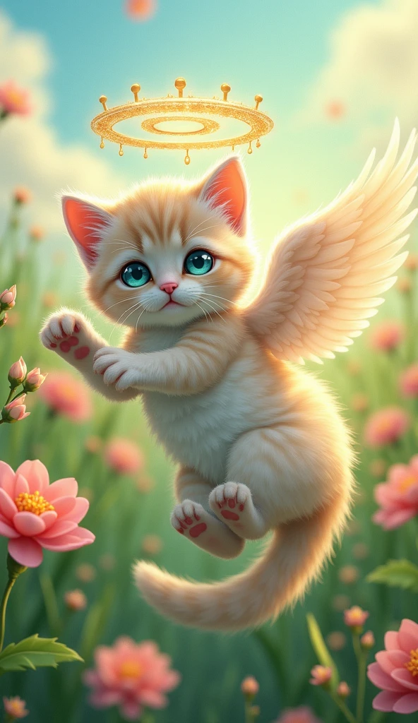 Close-up of a cat playing in a flower field,blue eyes, Angel Halo, High resolution, Illustration of movement, Background blur, Reality, Soft Light, Character Design, Anime Style, 