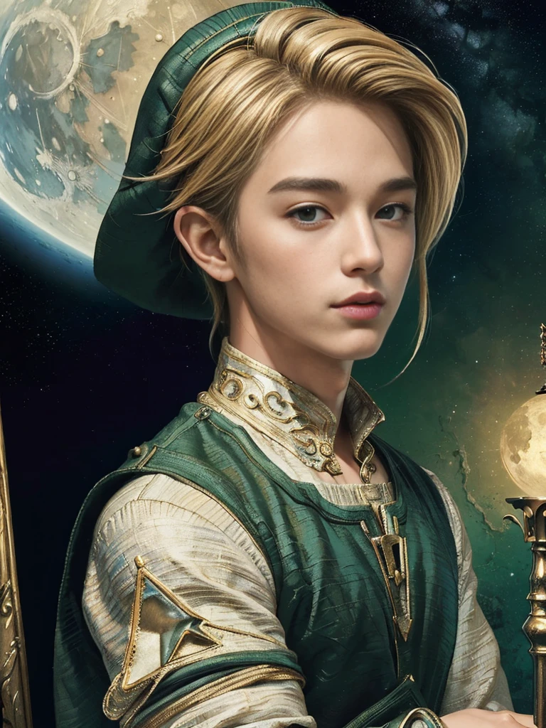 (masterpiece、top-quality、top-quality、Detailed and complex、official art、aesthetically pleasing:1.3)、(Male) (Link) (realistic art:1.3) Blonde hair. Moon and stars background