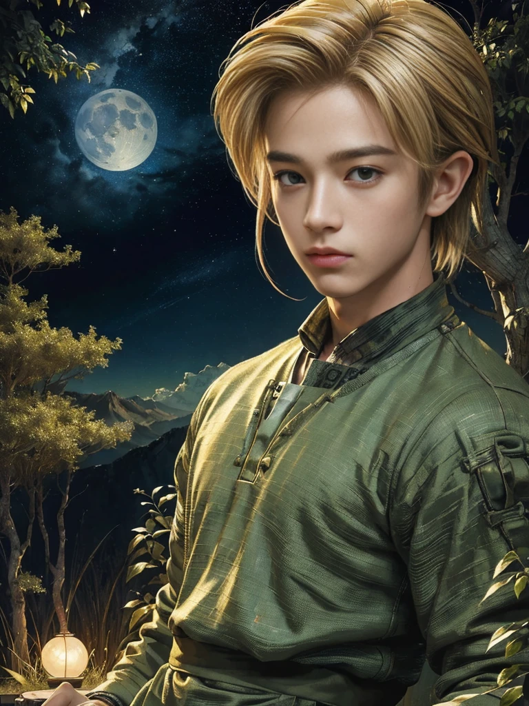 (masterpiece、top-quality、top-quality、Detailed and complex、official art、aesthetically pleasing:1.3)、(Male) (Link) (realistic art:1.3) Blonde hair. Moon and stars background