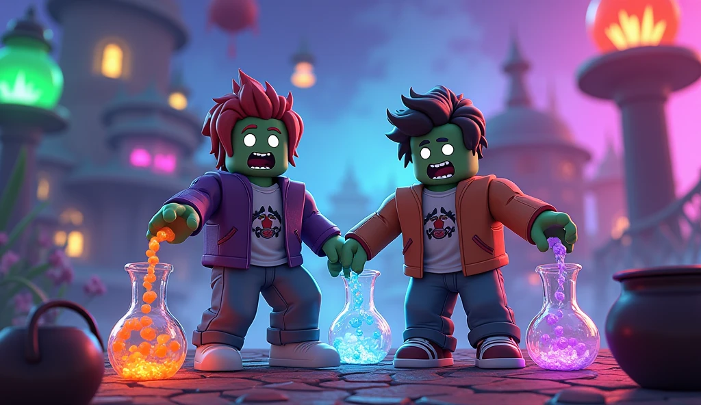 I WANT A ROBLOX GAME WALLPAPER WITH A SCENARIO SET IN THE GAME WHERE THE CHARACTERS HAVE CHARACTERISTICS OF THE GAME'S AVATARS. IN THE IMAGE THEY ARE EXPERIMENTING MAGIC POTIONS AND TURNING INTO ZOMBIES.
