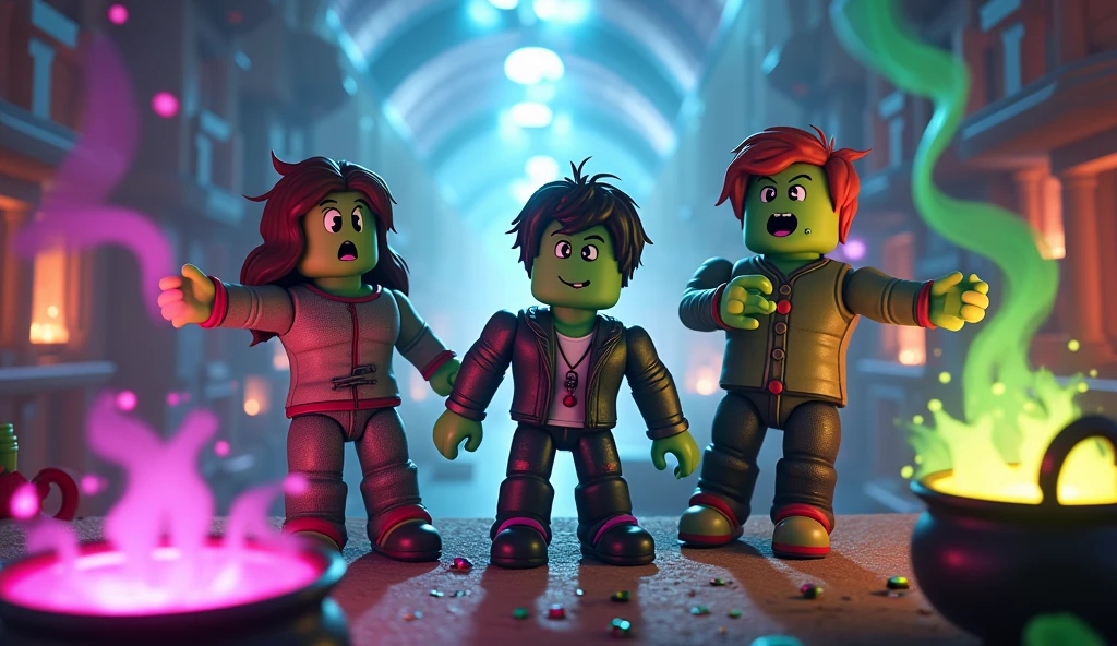 I WANT A ROBLOX GAME WALLPAPER WITH A SCENARIO SET IN THE GAME WHERE THE CHARACTERS HAVE CHARACTERISTICS OF THE GAME'S AVATARS. IN THE IMAGE THEY ARE EXPERIMENTING MAGIC POTIONS AND TURNING INTO ZOMBIES.