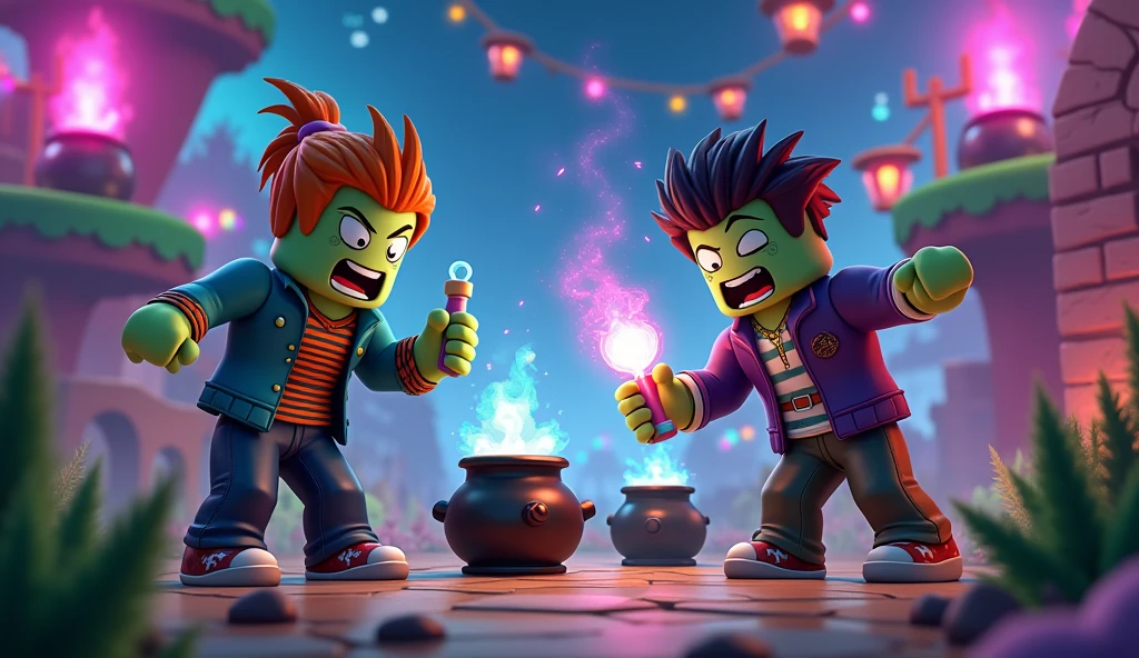 I WANT A ROBLOX GAME WALLPAPER WITH A SCENARIO SET IN THE GAME WHERE THE CHARACTERS HAVE CHARACTERISTICS OF THE GAME'S AVATARS. IN THE IMAGE THEY ARE EXPERIMENTING MAGIC POTIONS AND TURNING INTO ZOMBIES.