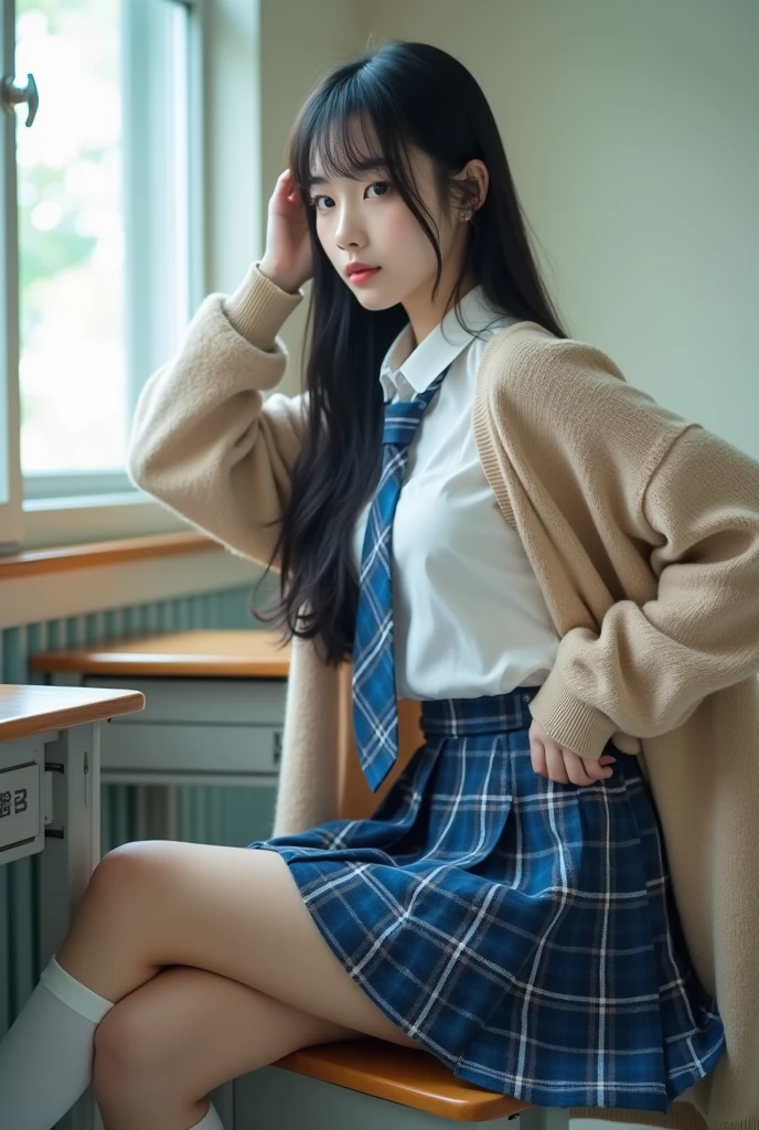 alone、expensive school girl、Natural body shape、White skin、Natural Makeup、Black Hair、bangs、Straight Long Hair、Lifting the skirt with one hand、expensive 、Beige cardigan、Roll up your sleeves、White blouse with collar、Blue plaid tie、Blue plaid pleated skirt、Please sit at the desk、Spread your legs、((The upper body is wearing a uniform))、School classroom、Low - Angle、Overlooking here、White socks、Black Loafers、Full body photo、Focus on the crotch、
information