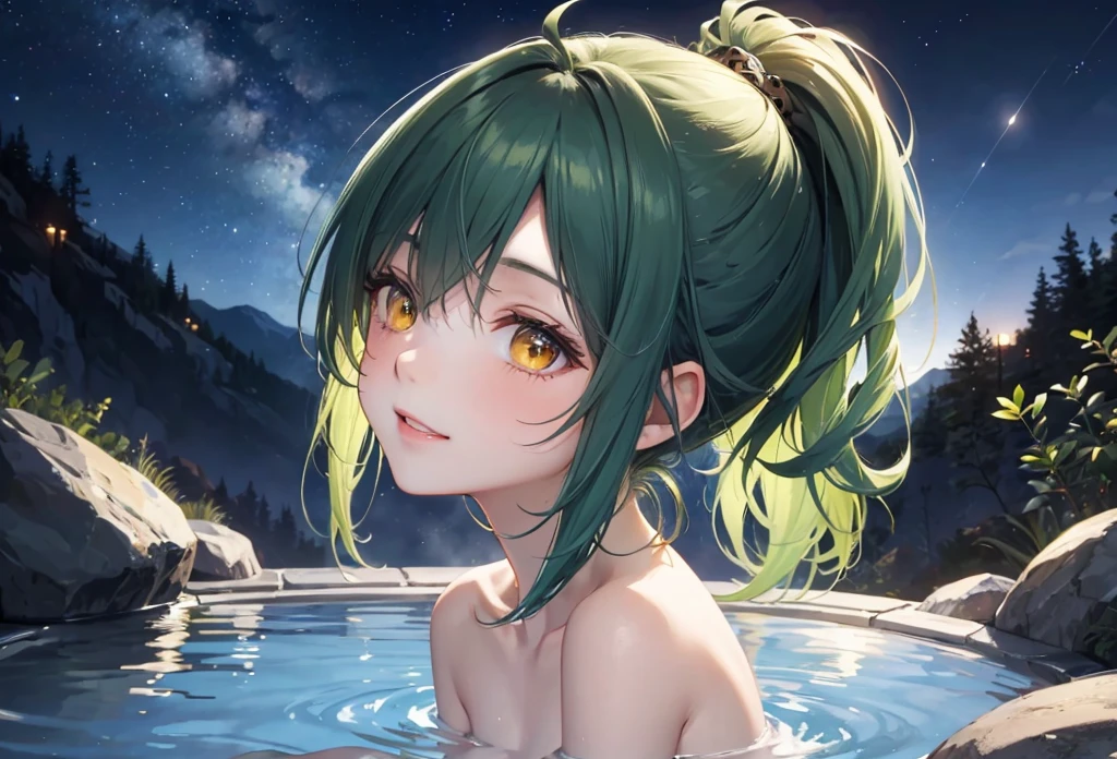 (Relax in natural hot springs style), (profile, solo:2, 15 yo), (looking up to sky), (beautiful detailed ponytail) (beautiful detailed green hair long hair), (immensely cute girl) (beautiful cute yellow eyes) (cute ecstasy smile) (glossy lip) (medium:1.2 tits, beautiful best body, immensely beautiful naked ape), break, in the night open Vast bath of rock, background night Mountain Hot Springs and beautiful night sky of Meteor shower, BREAK, perfect anatomy, masterpiece, best quality, 16k, beautiful detailed night, daydreaming expression.