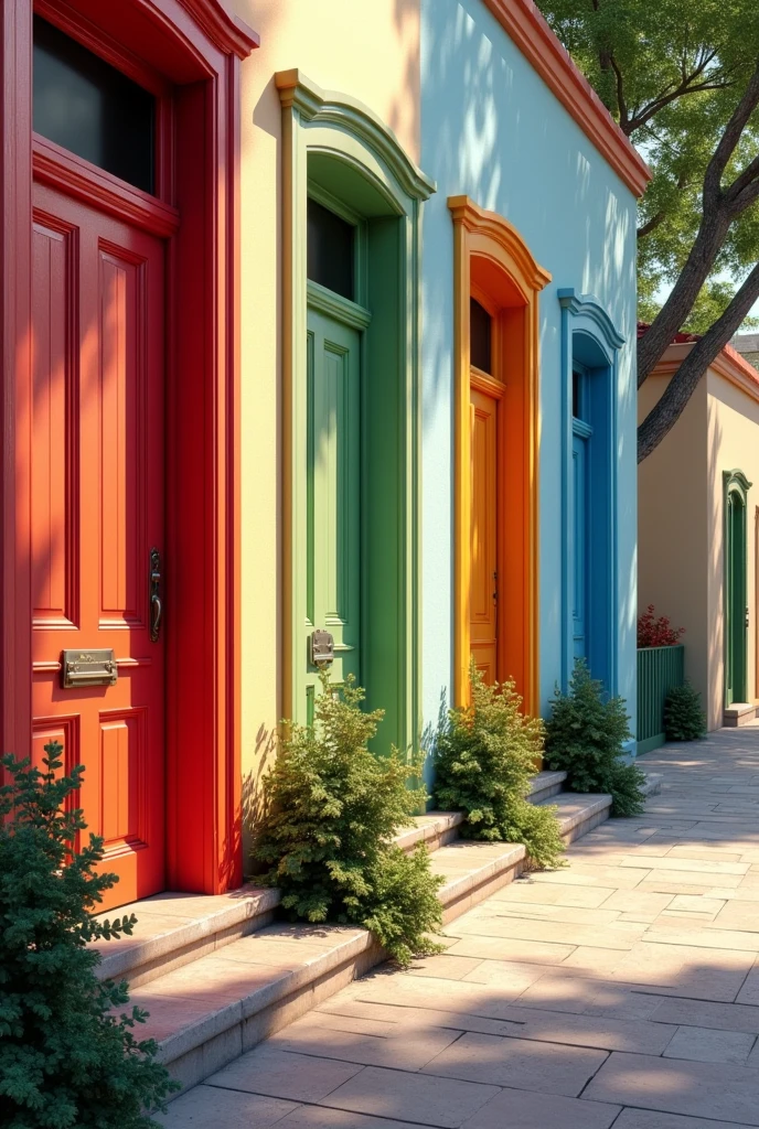 A peaceful street scene where all the houses have rainbow-colored doors, each hue standing out vividly against the neutral facades, adding a playful twist to the everyday setting, hyperrealistic, hyperdetailed."
