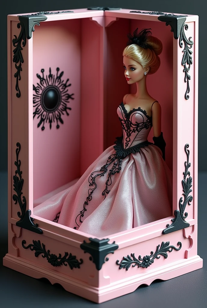 Wooden box for Barbie doll. The box should be pink and black. The box should have a feminine and gothic style 