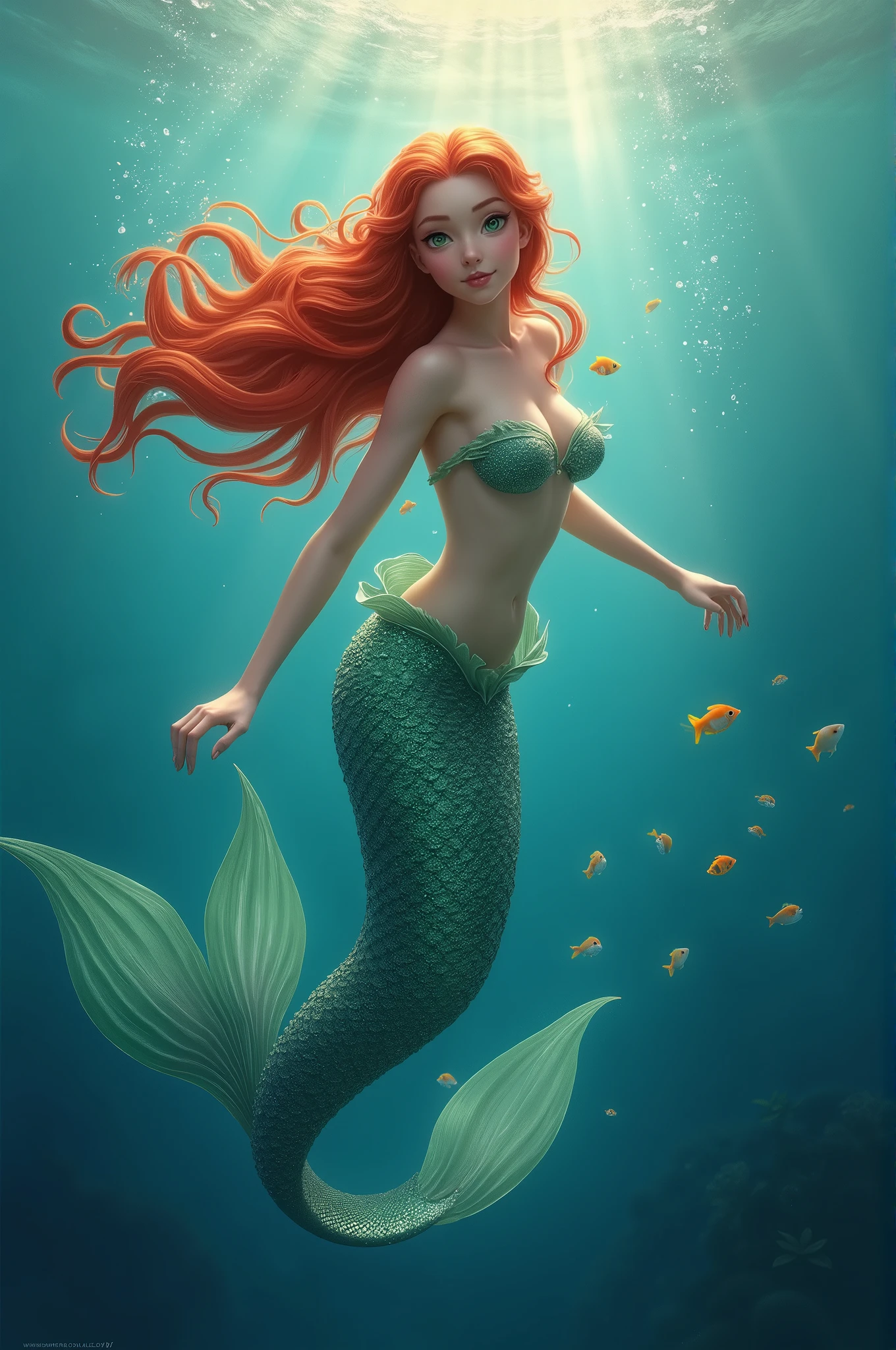 Create a realistic image of a mermaid swimming in a clear blue ocean. The mermaid has long red hair that flows smoothly with the current of the water. Her eyes are green and bright, reflecting the sunlight that penetrates the water. The mermaid's tail is covered in shimmering scales in shades of green and blue, which sparkle in the light. She has a serene expression, with a gentle smile, and is surrounded by small bubbles and colorful fish swimming around her. The lighting should highlight the vibrant colors and give a sense of depth and realism to the underwater scene.
