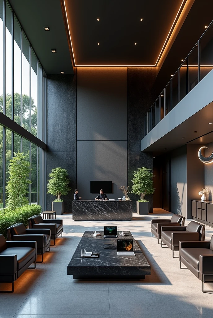 Professional 3d architecture rendering design of modern And high tech for boticque hotel’s Labi with dark slab stone and 8 dark brown leather Chairs that separate with modern green space and medium flouting dark gray marble station and 2 laptops and coffee table elegant and modern glassy and silver accessories and modern windows and private space for baggage in the Labi and black slab stone middle table and elegant accessories and modern ceiling lighting and beautiful green space and private space for baggage with silver wall and silver reception and big silver sculpture of crescent moon in the corner of Labi