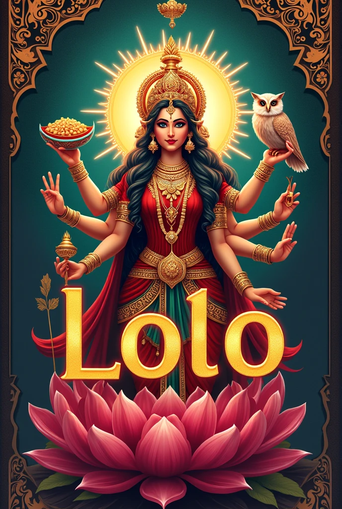 Creat hindu god luxmi ji with owl and down name lolo bg software pattern big font