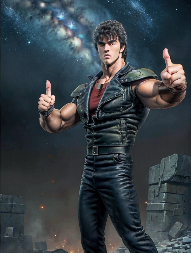 From below,(RAW Photos:1.2),(Realistic:1.4),(masterpiece:1.4),(Highest quality:1.4),超High resolution,High resolution,8k resolution,Detailed skin texture,Detailed cloth texture,
Fist of the North Star、kenshirou,Black Hair,Black leather jacket, red_Undershirt,Black background、rubble_What&#39;s left behind, Combat Action, Handsome face,(Pointing Viewer:1.4), Japanese actor_Hiroshi Abe, Full body image、Stand with your knees slightly bent、The Big Dipper shines brightly in the night sky、Kung Fu、Clenched Fist