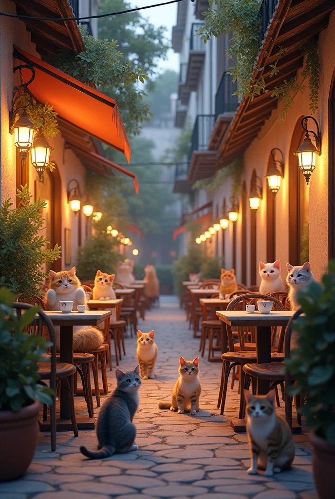 An open-terrace cafe with only cats, Twilight, The sidewalk is paved with stone