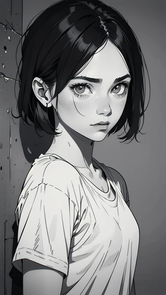 1 boyish girl, solo, sharp eyes, monochrome, greyscale, short black hair, portrait, white T-shirt, Thin eyebrows, closed mouth, looking at viewer, graphite \(medium\), detailed lips, hatching \(texture\), without makeup, bangs, upper body, (best illustration), (best quality), (very detailed), (masterpiece), expressionless,