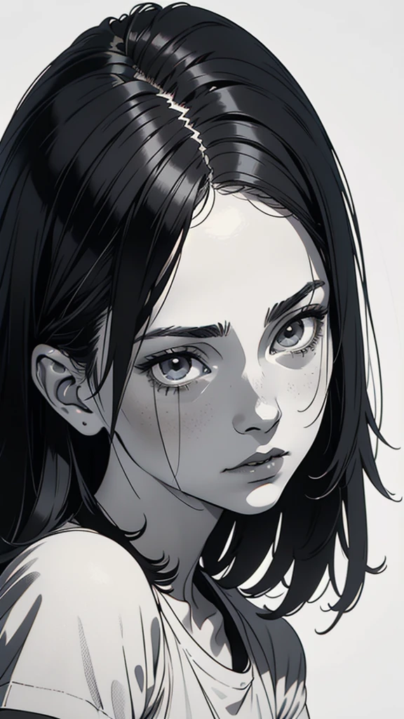 1 boyish girl, solo, sharp eyes, monochrome, greyscale, short black hair, portrait, white T-shirt, Thin eyebrows, closed mouth, looking at viewer, graphite \(medium\), detailed lips, hatching \(texture\), without makeup, bangs, upper body, (best illustration), (best quality), (very detailed), (masterpiece), expressionless,