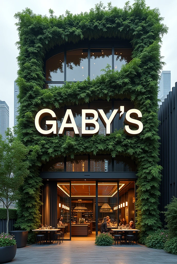 Photo of the exact word Gaby's in front of a totally futuristic restaurant with a vertical garden