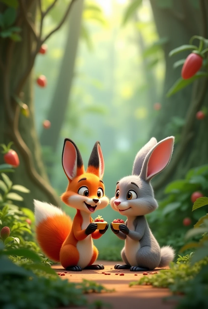 In 3D animation style The fox and rabbit sharing a meal or snacks in the jungle.