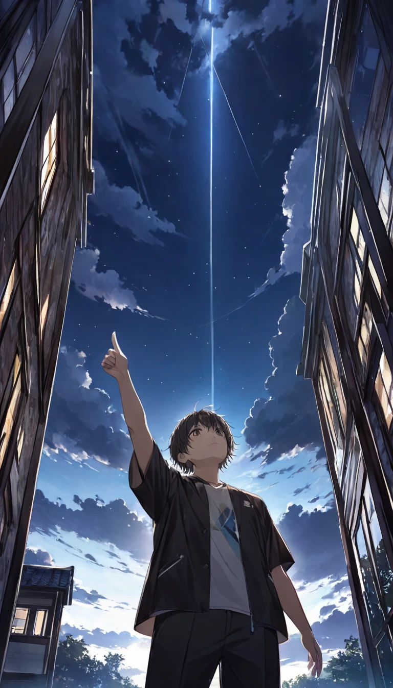 Look up at the sky, boy with one hand pointing to the sky、after a heavy rain、Sunshine shining through dark clouds、Hope is the theme、Composition looking up from below、Night Sky