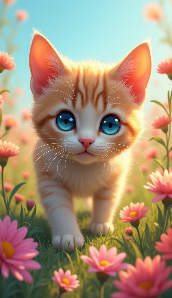 Close-up of a cat playing in a flower field,blue eyes, High resolution, Illustration of movement, Background blur, Reality, Soft Light, Character Design, Anime Style, 