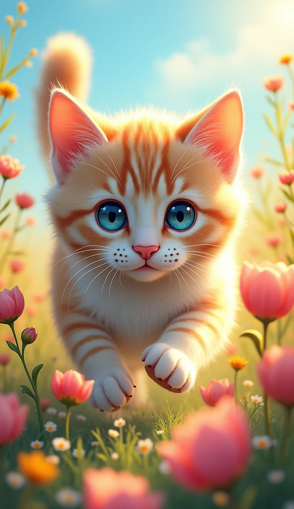 Close-up of a cat playing in a flower field,blue eyes, High resolution, Illustration of movement, Background blur, Reality, Soft Light, Character Design, Anime Style,