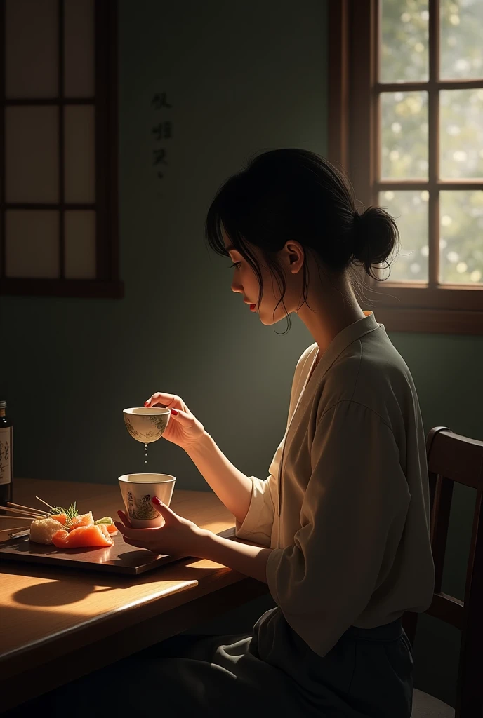 A woman drinking sake from a ceramic tokkuri and sake cup、Soft Light、Skewers、sashimi、Casual clothing、Backlight、profile、Dark interior、Old furniture