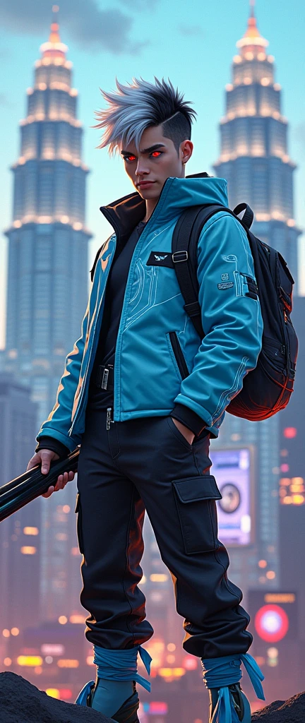 Chico, half white half black hair, Red eyes, Light blue long sleeve jacket with white lines and circles, long black pants with light blue ribbons, Holding in his right hand a black bat with blue lines, black backpack, cyberpunk city petronas twin tower background.