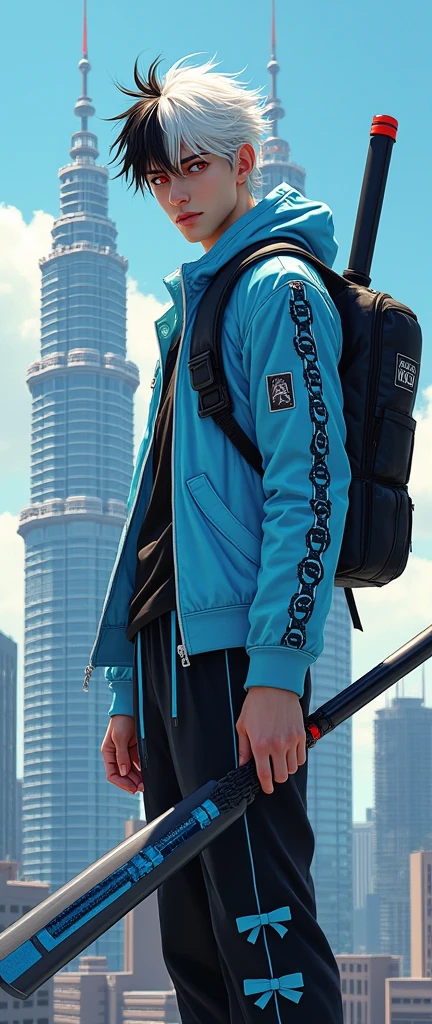 Chico, half white half black hair, Red eyes, Light blue long sleeve jacket with white lines and circles, long black pants with light blue ribbons, Holding in his right hand a black bat with blue lines, black backpack, cyberpunk city petronas twin tower background.