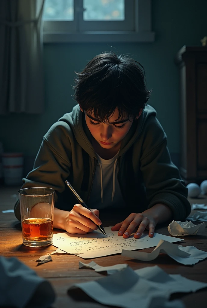 Teenager man with short hair, a bit overweight, writing a sad song, drinking alcohol, many paper balls behind