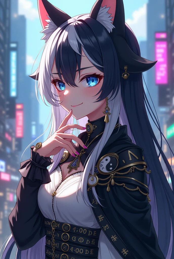jirai kei, anime, ecstasy, audience, dark persona, long hair, straight hair, smirk, teasing, hand on own chin, evil smile, trap, 1 boy, sissy boy, femboy, dark blue eye, boots, knee high socks, white and black hair, two tone half color hair, city, from side, black cape, frills, runes, tassels, feng shui, white dress, belts, earrings, chains, yin yang, beautiful art, depth of field, high res, perfect face, detailed outfit