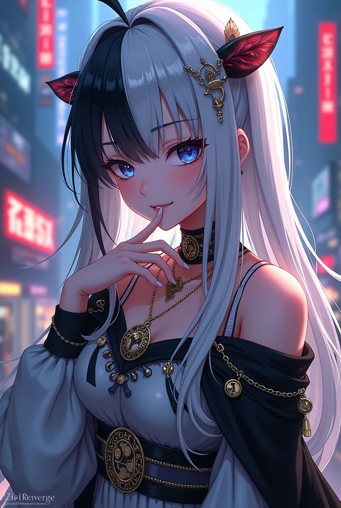 jirai kei, anime, ecstasy, audience, dark persona, long hair, straight hair, smirk, teasing, hand on own chin, evil smile, trap, 1 boy, sissy boy, femboy, dark blue eye, boots, knee high socks, white and black hair, two tone half color hair, city, from side, black cape, frills, runes, tassels, feng shui, white dress, belts, earrings, chains, yin yang, beautiful art, depth of field, high res, perfect face, detailed outfit