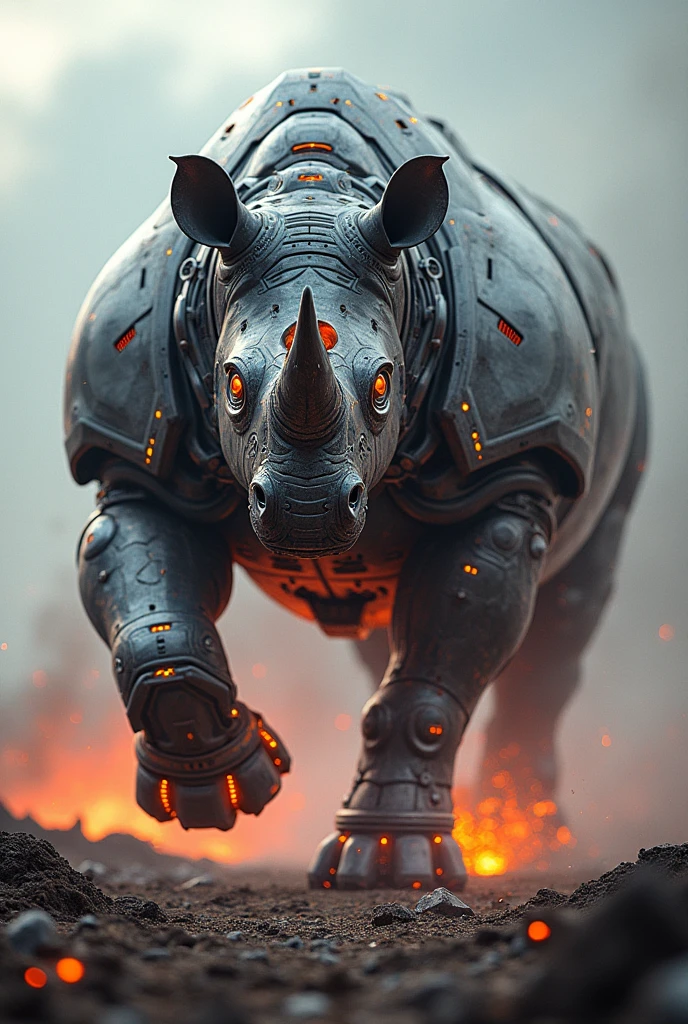 

Imagine a terrifying, futuristic hybrid born from the fusion of a rhinoceros and a high-tech, autonomous war machine. This biomechanical beast towers over the battlefield, its body a seamless blend of organic muscle and advanced alloy plating, glowing with pulsating neon circuits. Its horn has been replaced by a sleek, plasma cannon capable of firing devastating energy blasts that vaporize anything in its path. The creature's eyes are now digital displays, scanning its environment with hyper-intelligent AI, targeting enemies with pinpoint accuracy. Its legs are armored with cybernetic enhancements, fitted with thrusters that allow it to charge with lightning speed, leaving behind a trail of scorched earth. As it moves, the air hums with the energy of its force fields and the buzz of its drone escorts, which swarm around it like a futuristic hive. The battlefield is a smoldering wasteland of twisted metal and shattered structures, the aftermath of the beast’s relentless onslaught. This futuristic monstrosity is not just a weapon—it's an unstoppable force of war, programmed for total annihilation.

Size: 1024x1024.