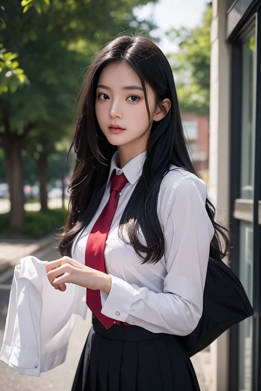 Asian、model、Black Hair、Long Hair、Big Breasts、Topless、uniform、School、A woman lifting her clothes to reveal her breasts
