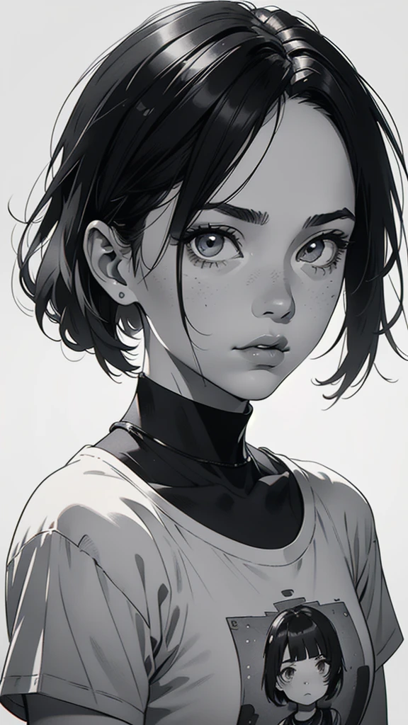 1 boyish girl, solo, sharp eyes, monochrome, greyscale, short black hair, portrait, white T-shirt, Thin eyebrows, closed mouth, looking at viewer, graphite \(medium\), detailed lips, hatching \(texture\), without makeup, bangs, upper body, (best illustration), (best quality), (very detailed), (masterpiece), expressionless, perfect lighting