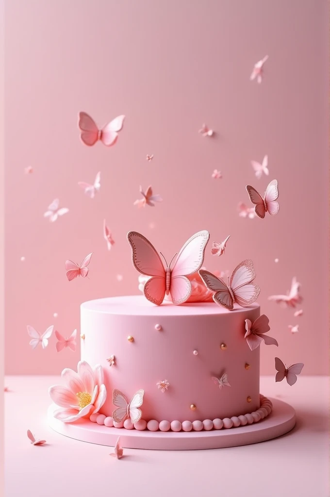 Make a 2 cm cake that is pink, the most beautiful shade of pink in the world, that has butterflies around the cake and on top as well, and a bow around the cake on top also highlighting the color of the cake, ok, and that has shine, has lots of bows, even