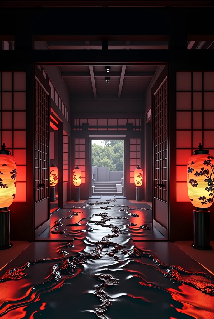 The spacious, enclosed room has a corridor with a veranda and sliding doors on both sides, and a lantern that shines like a river of water. The overall atmosphere is black and red, and the Japanese-style lanterns and sliding doors are beautifully decorated.