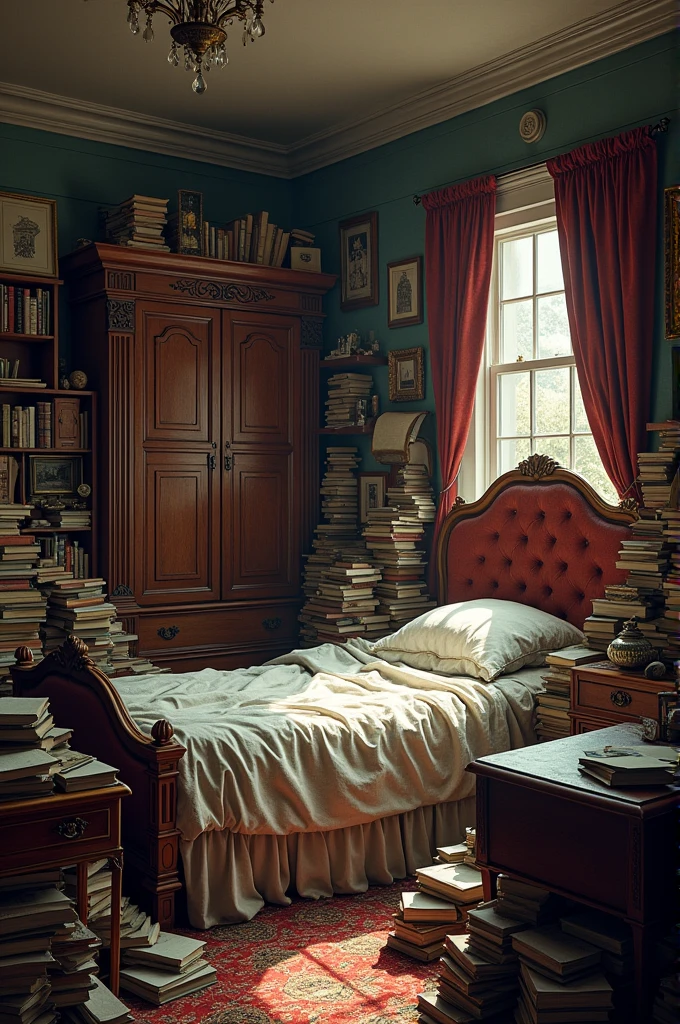 A cluttered Victorian era room with a bed and books scattered underneath.