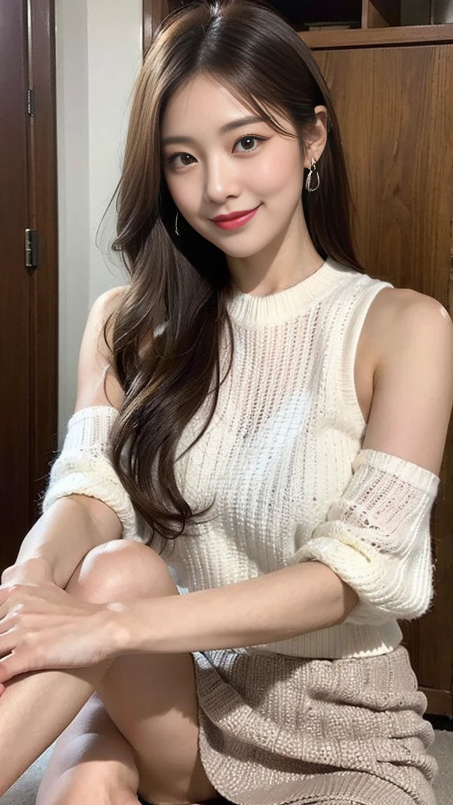 Dark brown hair、Light brown eyes、Japanese actress、I am about 20 years old......、(My NTR More about my category:1.2)、(top-qual私ty:1.4)、 (Ultra-high resolution:1.2)、Ultra-high resolution、(Private Detective Data)、(Detailed facial features)、Hmph、8K resolut私on、D cup breasts、Long Hair、Obscene pose、Beautiful feet、Open your mouth a little、Please lift your chin a little、Openwork knit、Loose knit top、mini skirt、２Book legs、２Book Hand、Beautiful feet、Expressions of weakness、Posing with a sense of vulnerability、Shooting from an angle、Halter neck、smile