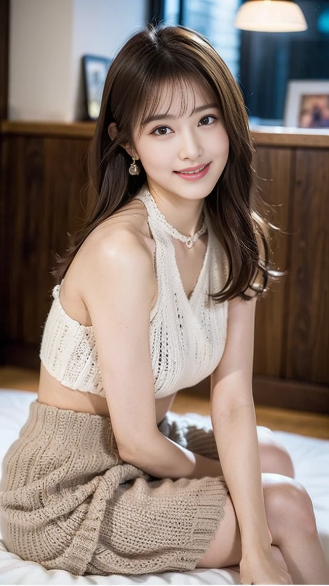 Dark brown hair、Light brown eyes、Japanese actress、I am about 20 years old......、(My NTR More about my category:1.2)、(top-qual私ty:1.4)、 (Ultra-high resolution:1.2)、Ultra-high resolution、(Private Detective Data)、(Detailed facial features)、Hmph、8K resolut私on、D cup breasts、Long Hair、Obscene pose、Beautiful feet、Open your mouth a little、Please lift your chin a little、Openwork knit、Loose knit top、mini skirt、2Book legs、2Book Hand、Beautiful feet、Expressions of weakness、Posing with a sense of vulnerability、Shooting from an angle、Halter neck、smile