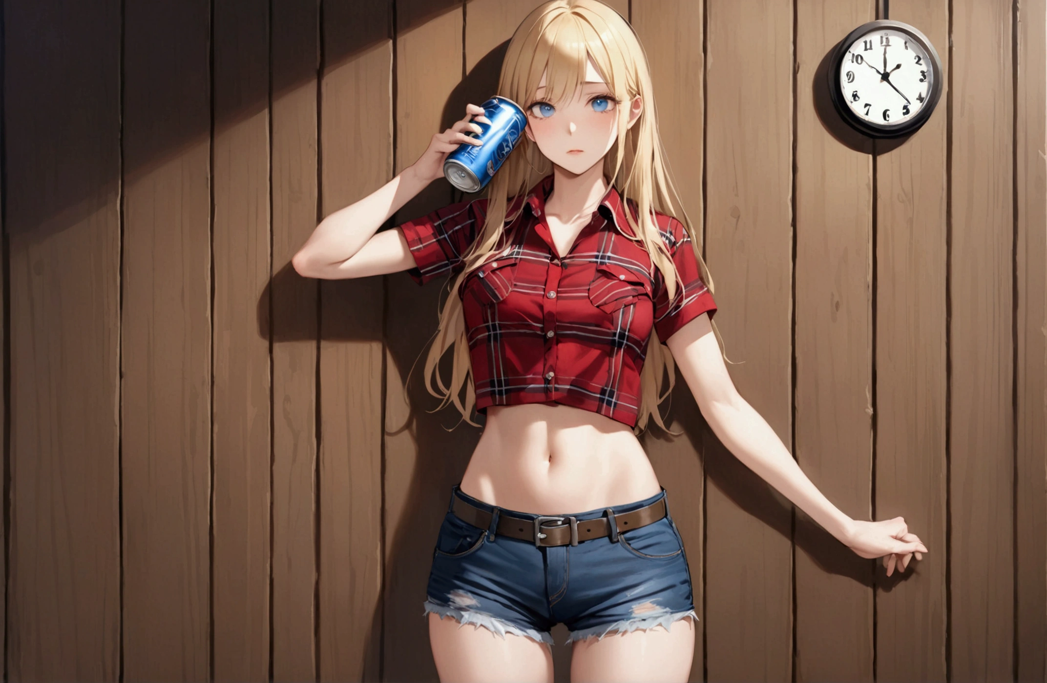Woman with long blonde hair, blue eyes, Athletic build, Red plaid tight ultra short sleeve collared cowgirl shirt, clock, Navel exposed, Denim hot pants, Brown belt with oval buckle, Please stand up straight, Drunk,Severe hiccups,In front of a wooden wall,can of beer,Front view,Cowboy Shot,16K, Highest quality, masterpiece, Realistic, detailed