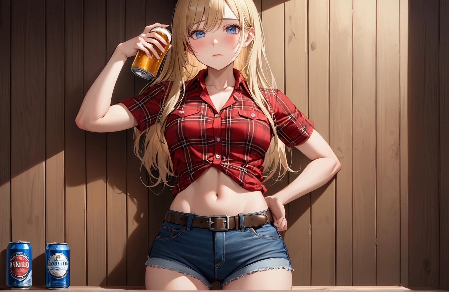 Woman with long blonde hair, blue eyes, Athletic build, Red plaid tight ultra short sleeve collared cowgirl shirt, clock, Navel exposed, Denim hot pants, Brown belt with oval buckle, Please stand up straight, Drunk,Severe hiccups,In front of a wooden wall,can of beer,Front view,Cowboy Shot,16K, Highest quality, masterpiece, Realistic, detailed