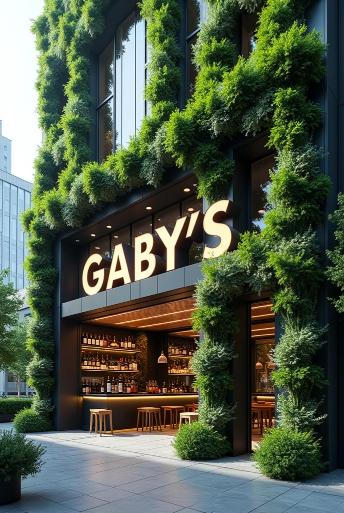 Photo of the exact word Gaby&#39;s in front of a totally futuristic restaurant with a vertical garden 