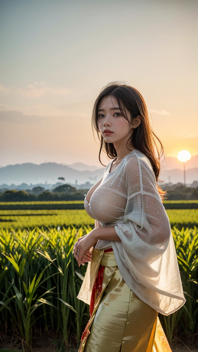 As the sun sets, casting a golden hue over the landscape, Dewi Seri is seen walking through a vast paddy field. Her presence is ethereal, with her traditional attire glowing softly in the fading light. The rice plants sway gently as if acknowledging their goddess, and the sky is painted with shades of orange and pink. (having beautiful breasts: 1.33), (having clothes: 1.77).

