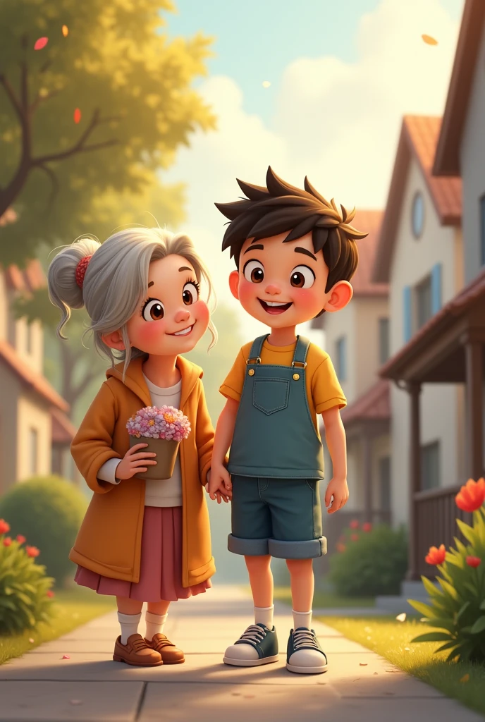 A boy helping old people
