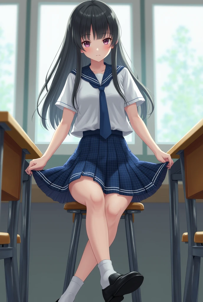 alone、expensive school girl、Natural body shape、White skin、Natural Makeup、Black Hair、bangs、Straight Long Hair、Lifting the skirt with one hand、expensive 、Roll up your sleeves、White blouse with collar、Blue plaid tie、Blue plaid pleated skirt、Please sit at the desk、Spread your legs、((The upper body is wearing a uniform))、School classroom、Low - Angle、Overlooking here、White socks、Black Loafers、Full body photo、Focus on the crotch、
information