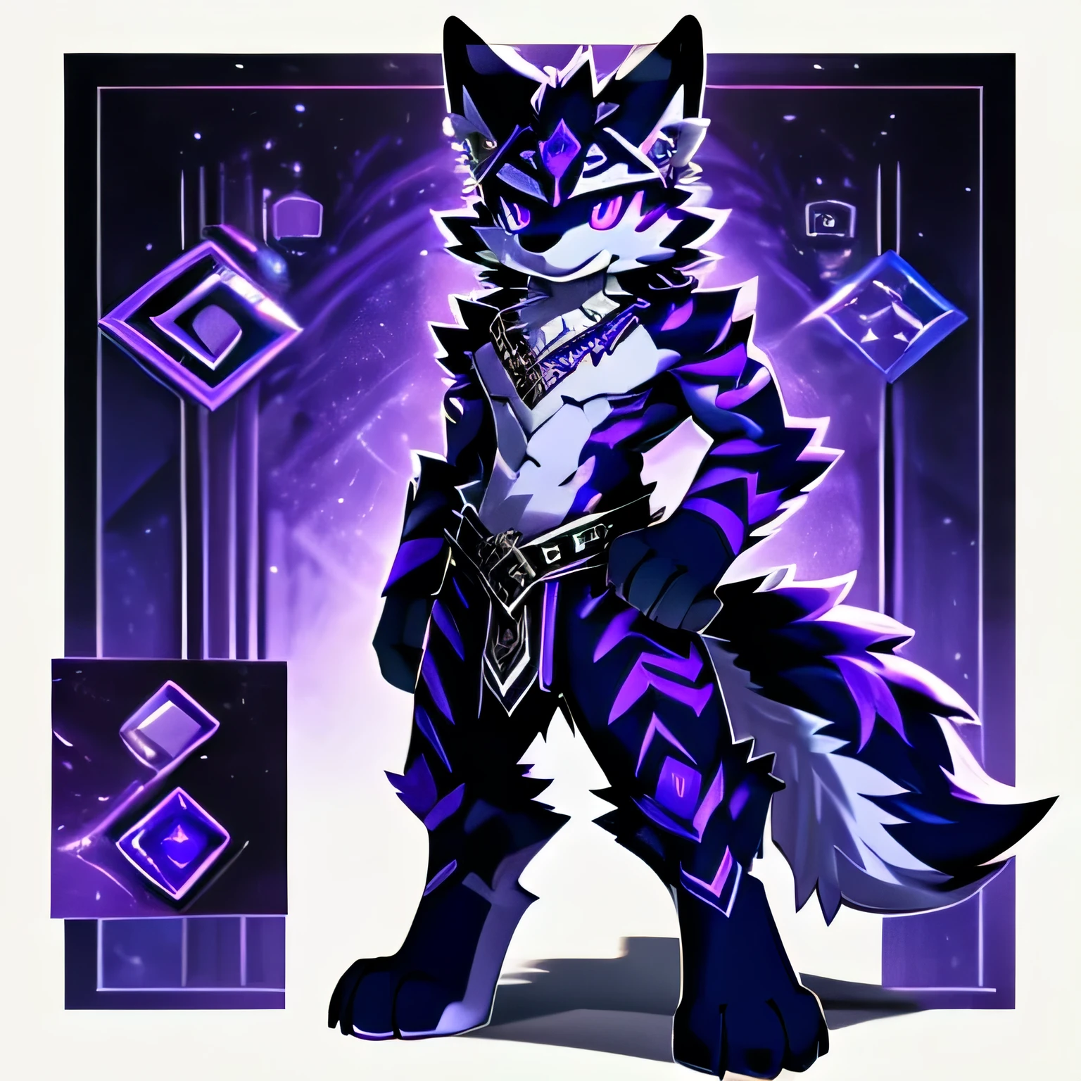 A base sheet model of a furry wolf kemono Purple with black and some dark blue details. bright purple eyes, sharp purple bridge ears, purple stripes all over the body, mainly on the face, and a diamond-like symbol on the forehead. He is standing 